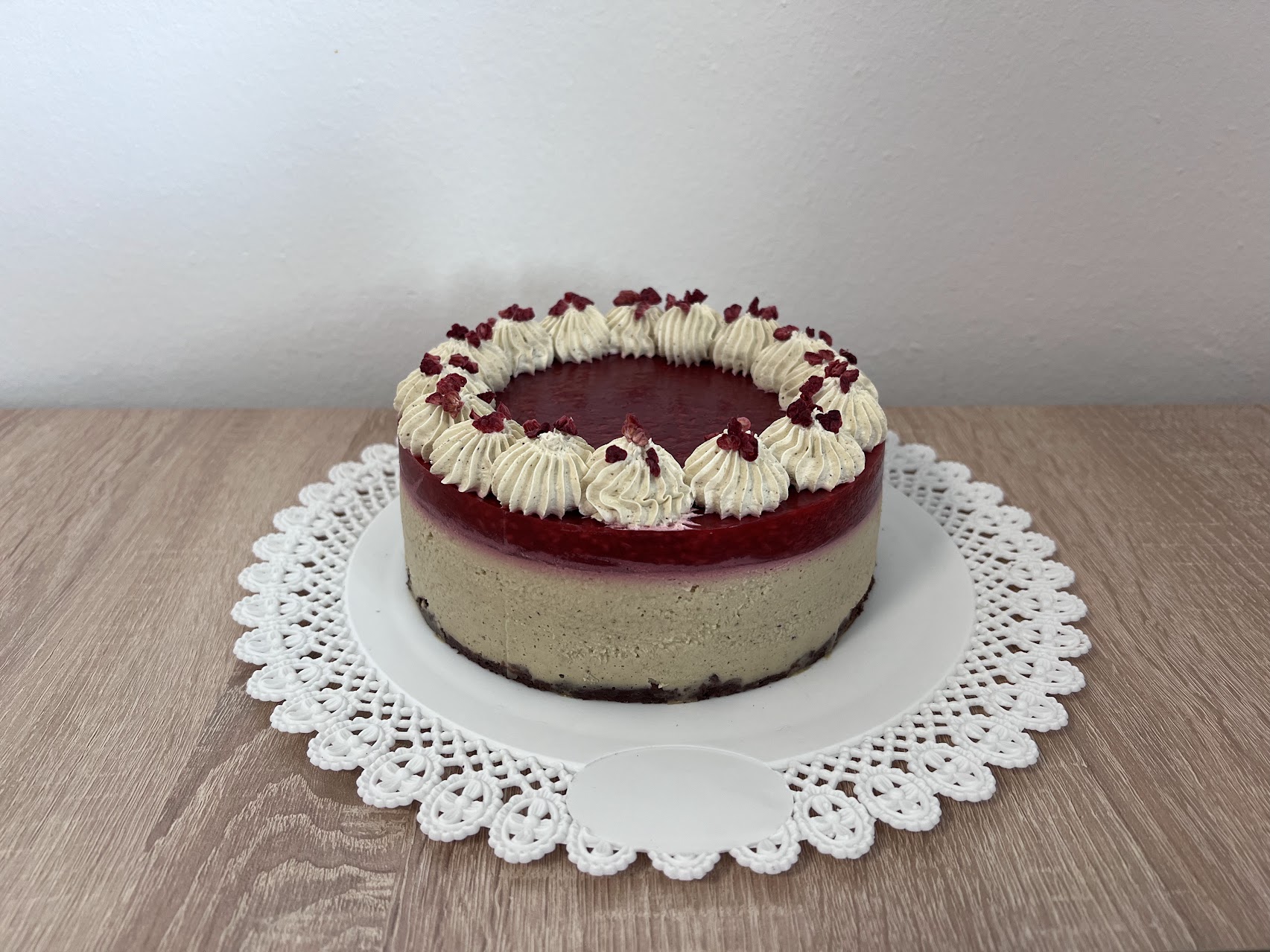 Pistachio Mousse Cake with Raspberries